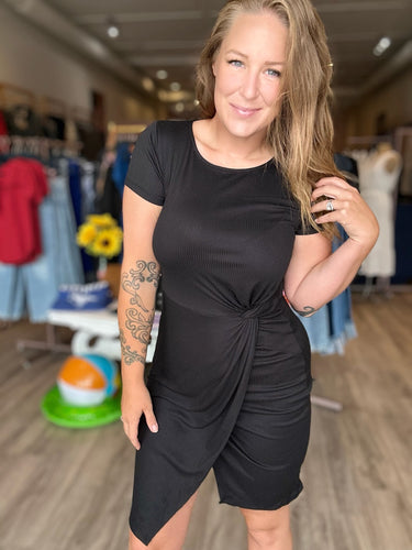 Black Front Twist Short Sleeve Dress