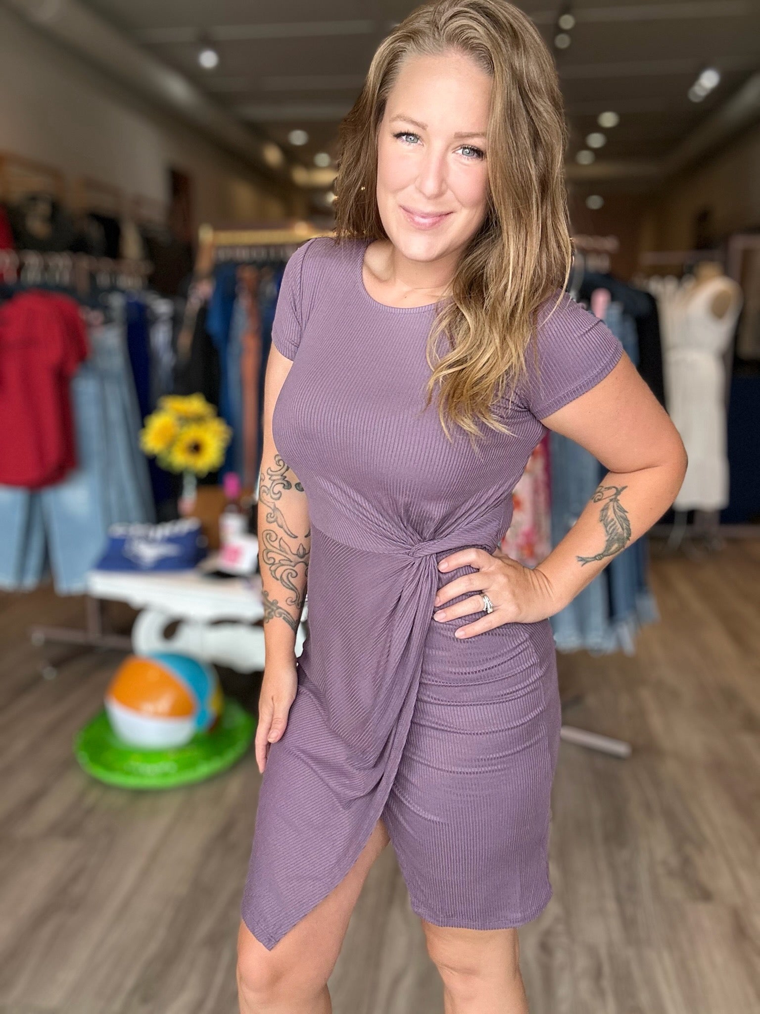 lavender short sleeve dress Short Sleeve V-Neck A-Line Satin Bridesmaid Dress With Slit in Lavende