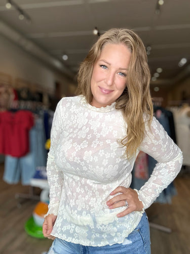 White Floral Mesh Long Sleeve Blouse