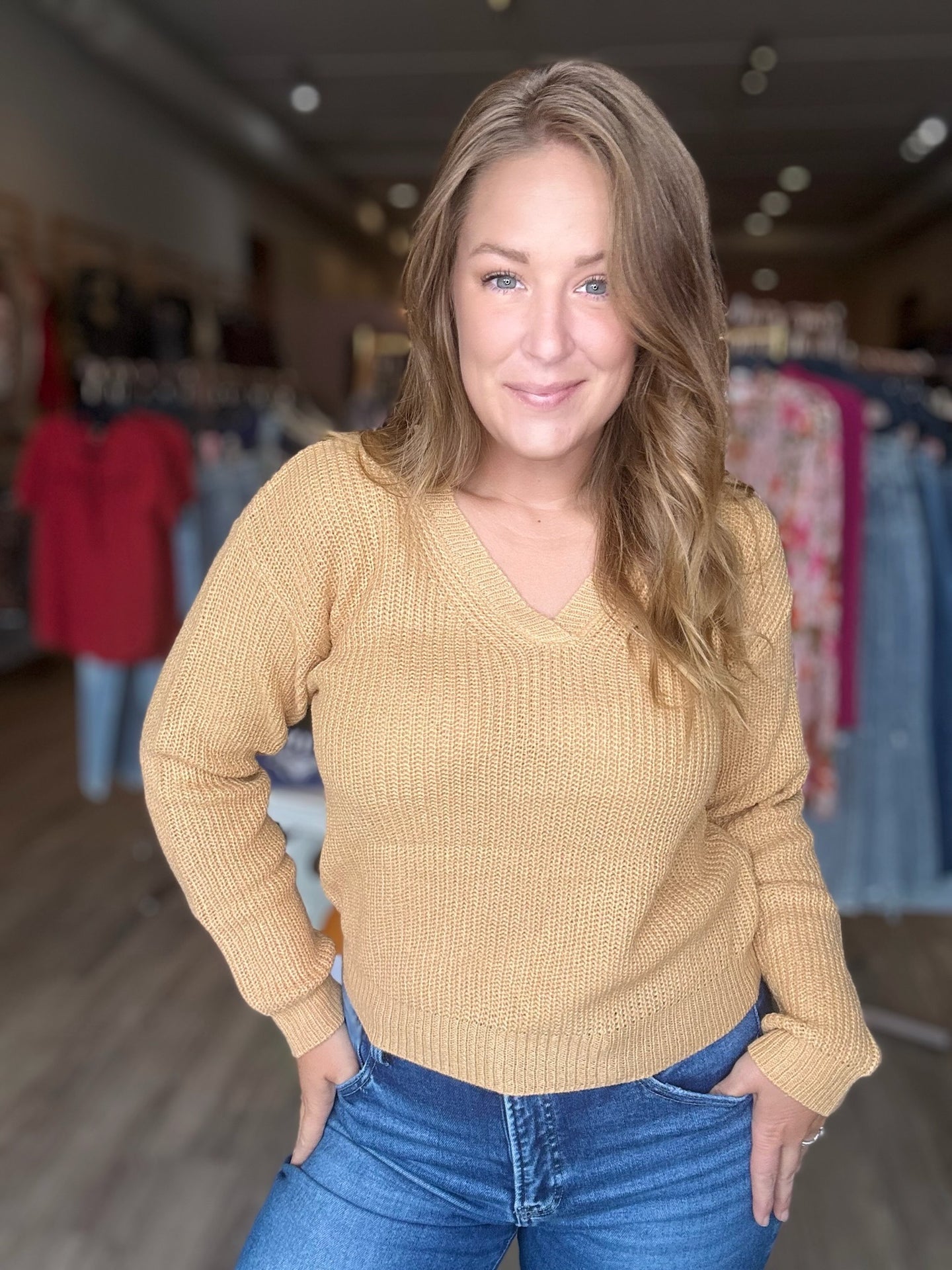 Khaki V Neck Long Sleeve Sweater