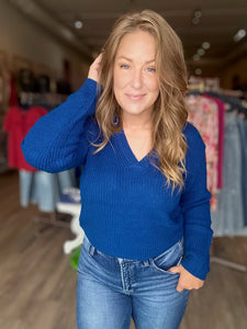 Blue V Neck Long Sleeve Sweater