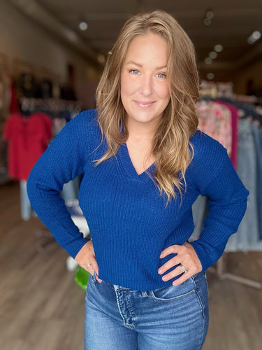 Blue V Neck Long Sleeve Sweater