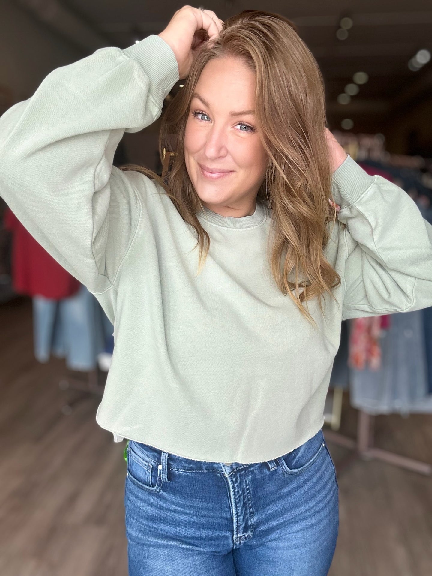 Sage Green Cropped Crewneck Sweatshirt