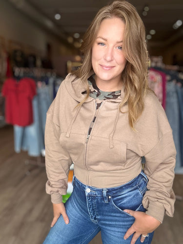 Beige Zip Up Short Hoodie