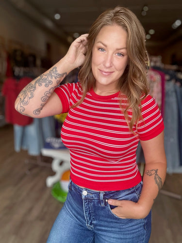 Red Striped Short Sleeve Top