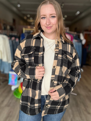 Taupe Plaid Fleece Shacket