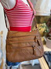 Load image into Gallery viewer, Camel Multi Zipper Shoulder Bag