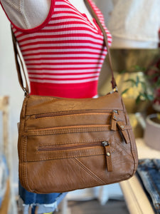 Camel Multi Zipper Shoulder Bag