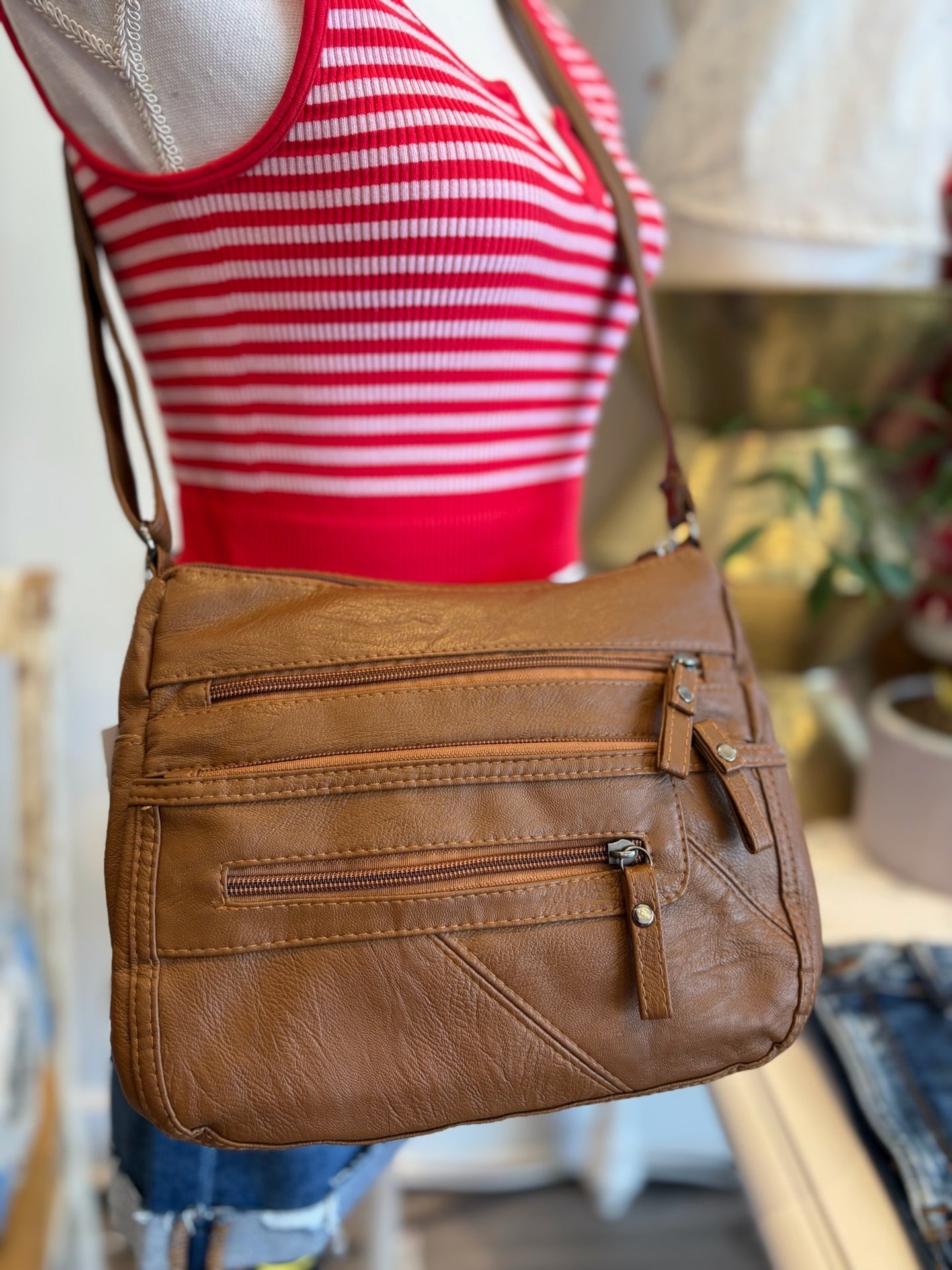 Camel Multi Zipper Shoulder Bag