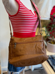 Camel Multi Zipper Shoulder Bag