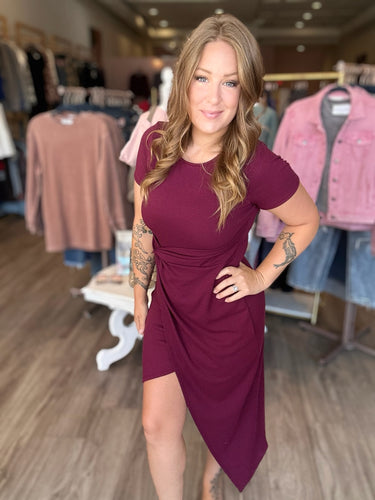 Wine Twist Wrap Short Sleeve Dress
