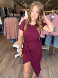 Wine Twist Wrap Short Sleeve Dress