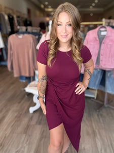 Wine Twist Wrap Short Sleeve Dress