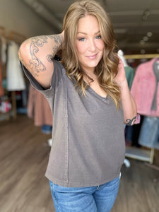 Charcoal Raw Edge Knit Top
