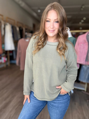 Olive Ribbed Long Sleeve Top