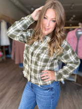 Load image into Gallery viewer, Olive Plaid Button Up Shirt