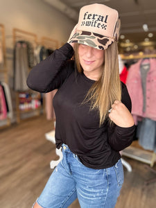 Black Round Hem Long Sleeve Top
