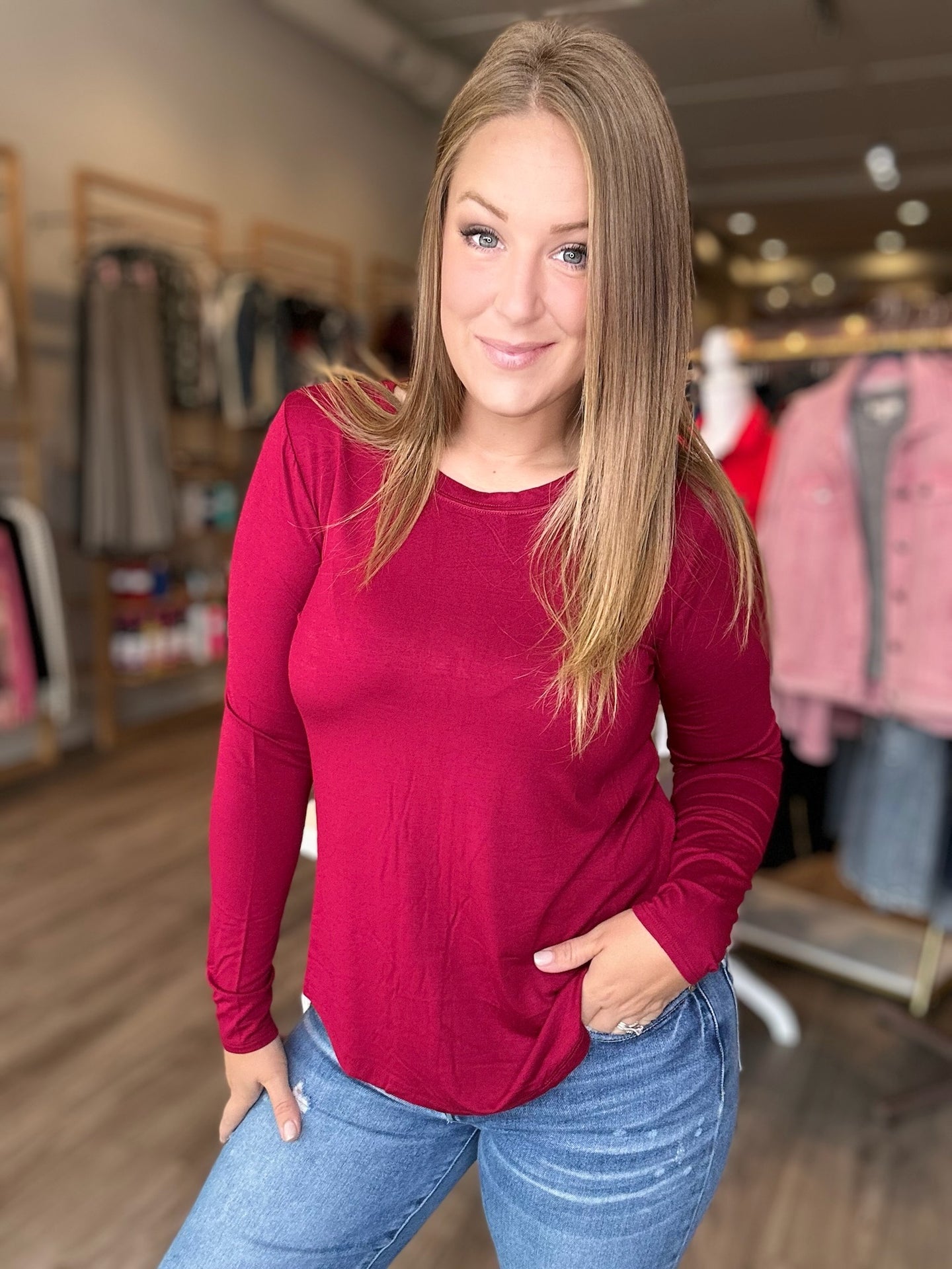 Wine Round Hem Long Sleeve Top