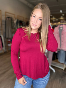 Wine Round Hem Long Sleeve Top
