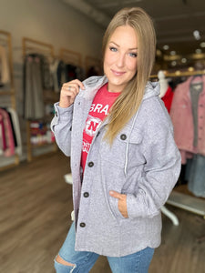 Grey Ribbed Hooded Button Shacket