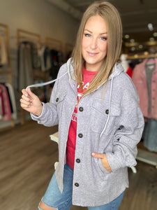 Grey Ribbed Hooded Button Shacket