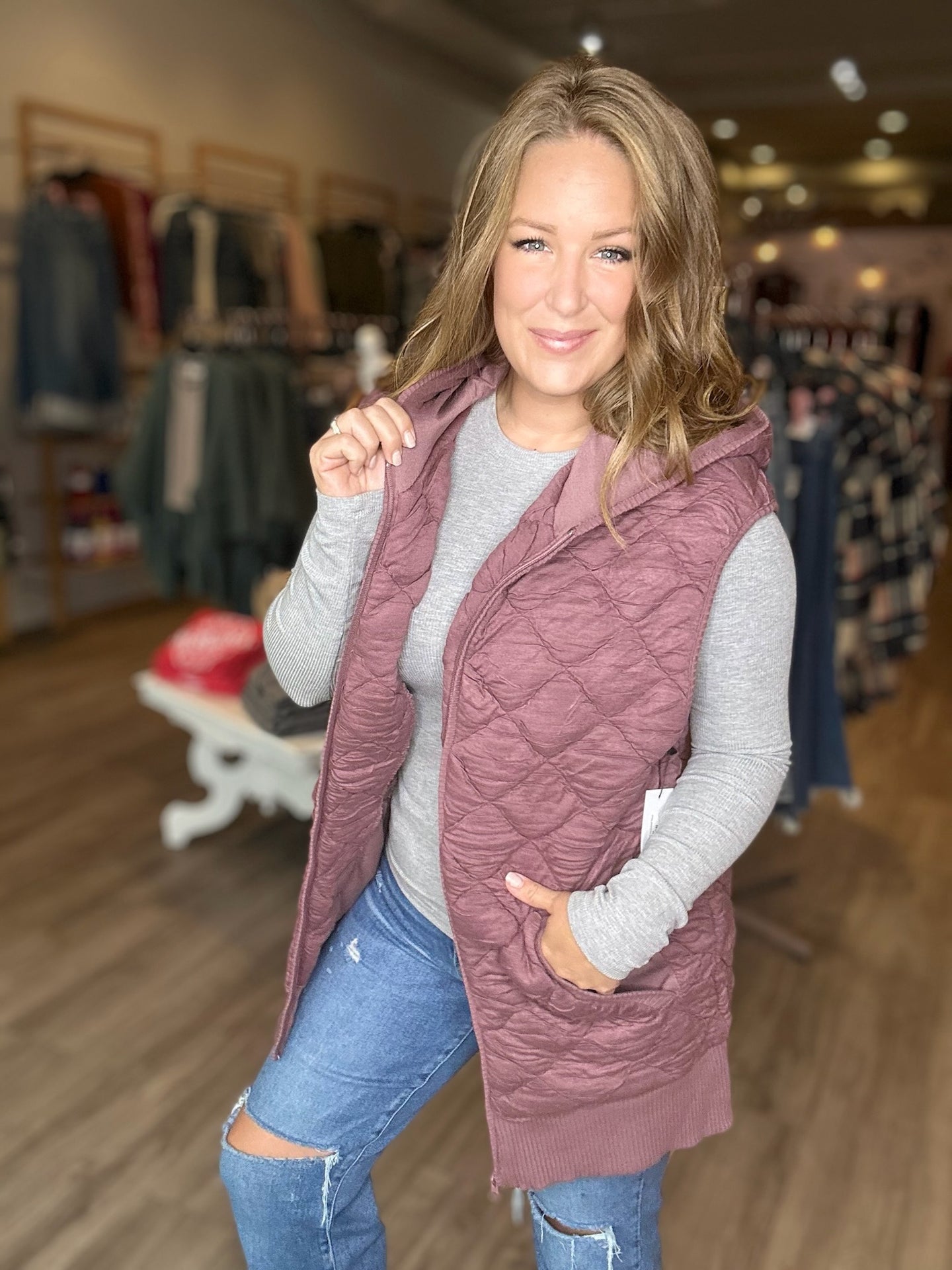 Rose Taupe Quilted Hooded Vest