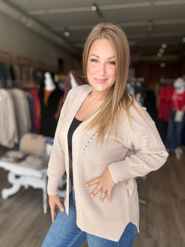 Beige Eyelet Sweater Cardigan