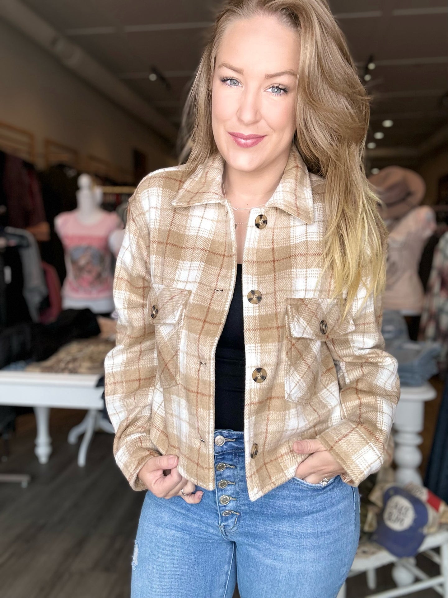 Camel Plaid Button Down Waist Shacket