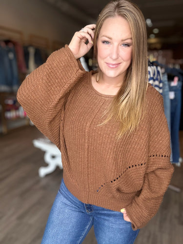 Brown Ribbed Drop Sleeve Sweater