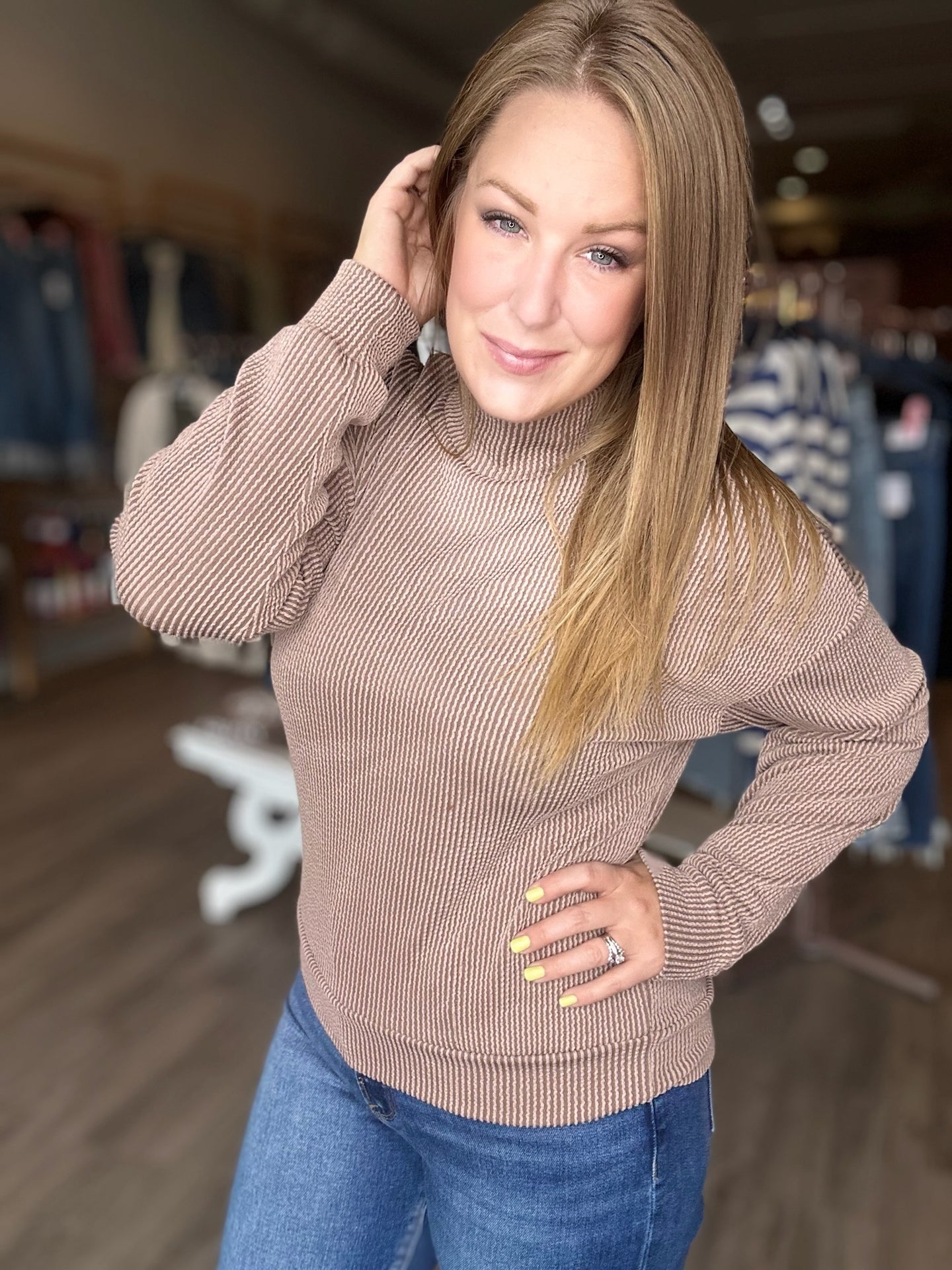 Mocha Ribbed Mock Neck Pullover