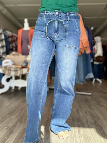 Flying Monkey Tie Waist Wide Leg Jeans