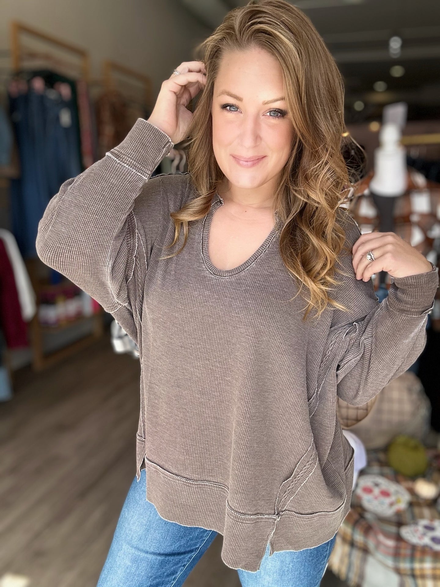 Espresso Split Hem Waffle Knit Long Sleeve