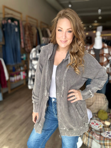 Grey Oversized Hooded Waffle Jacket