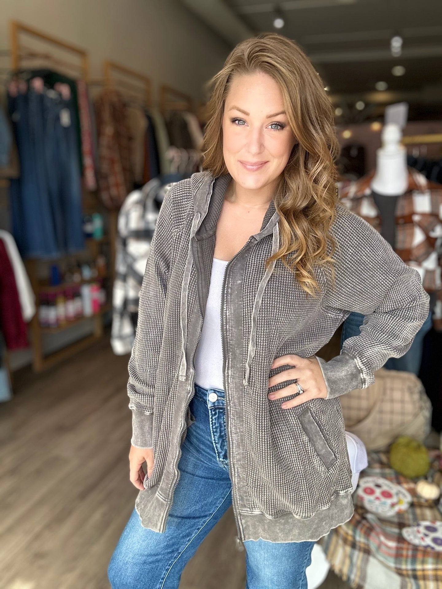Grey Oversized Hooded Waffle Jacket