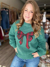 Load image into Gallery viewer, Green Plaid Bow Knit Sweater