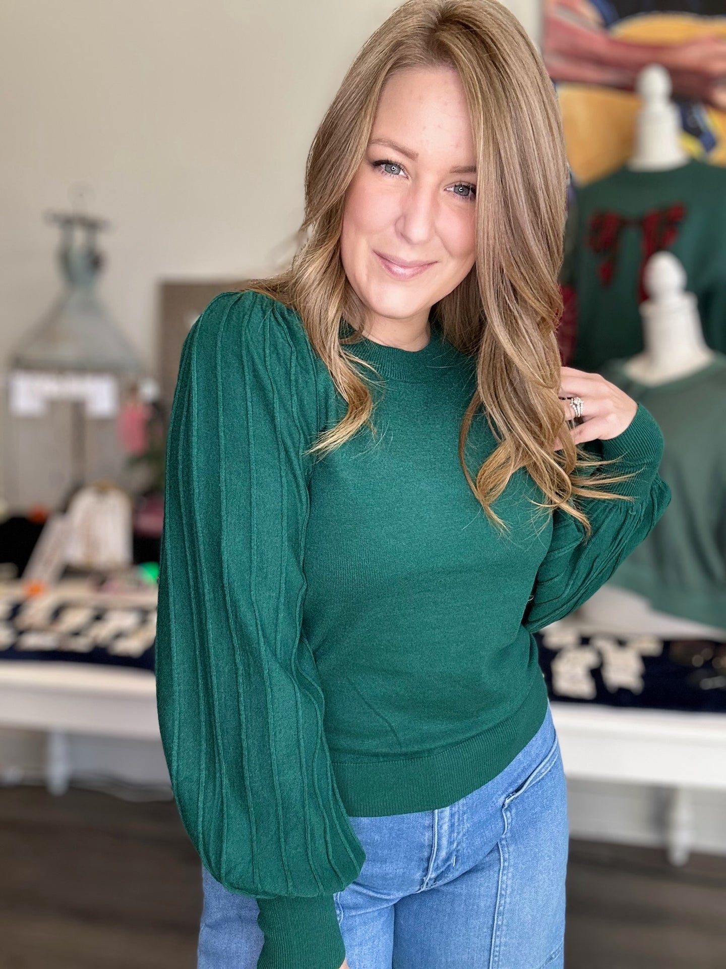Forest Green Pleated Puff Sleeve Sweater