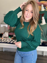 Load image into Gallery viewer, Forest Green Pleated Puff Sleeve Sweater