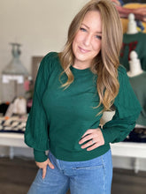 Load image into Gallery viewer, Forest Green Pleated Puff Sleeve Sweater