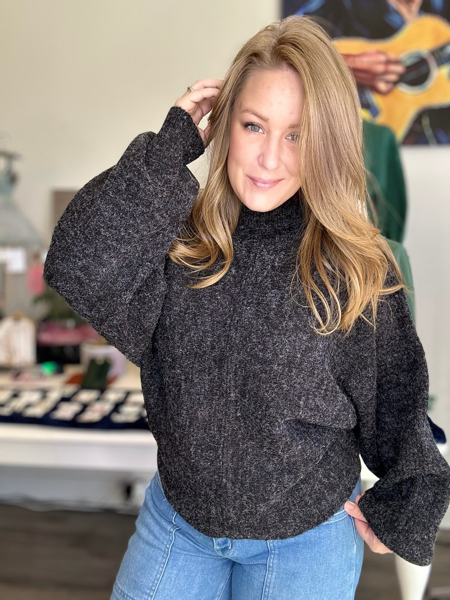 Black Balloon Sleeve Sweater