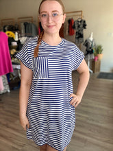 Load image into Gallery viewer, Blue Crew Neck Stripe T-Shirt Dress