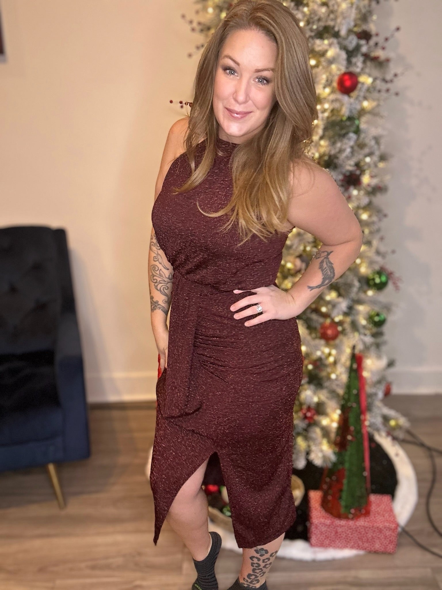Burgundy Halter Neck Midi Dress M