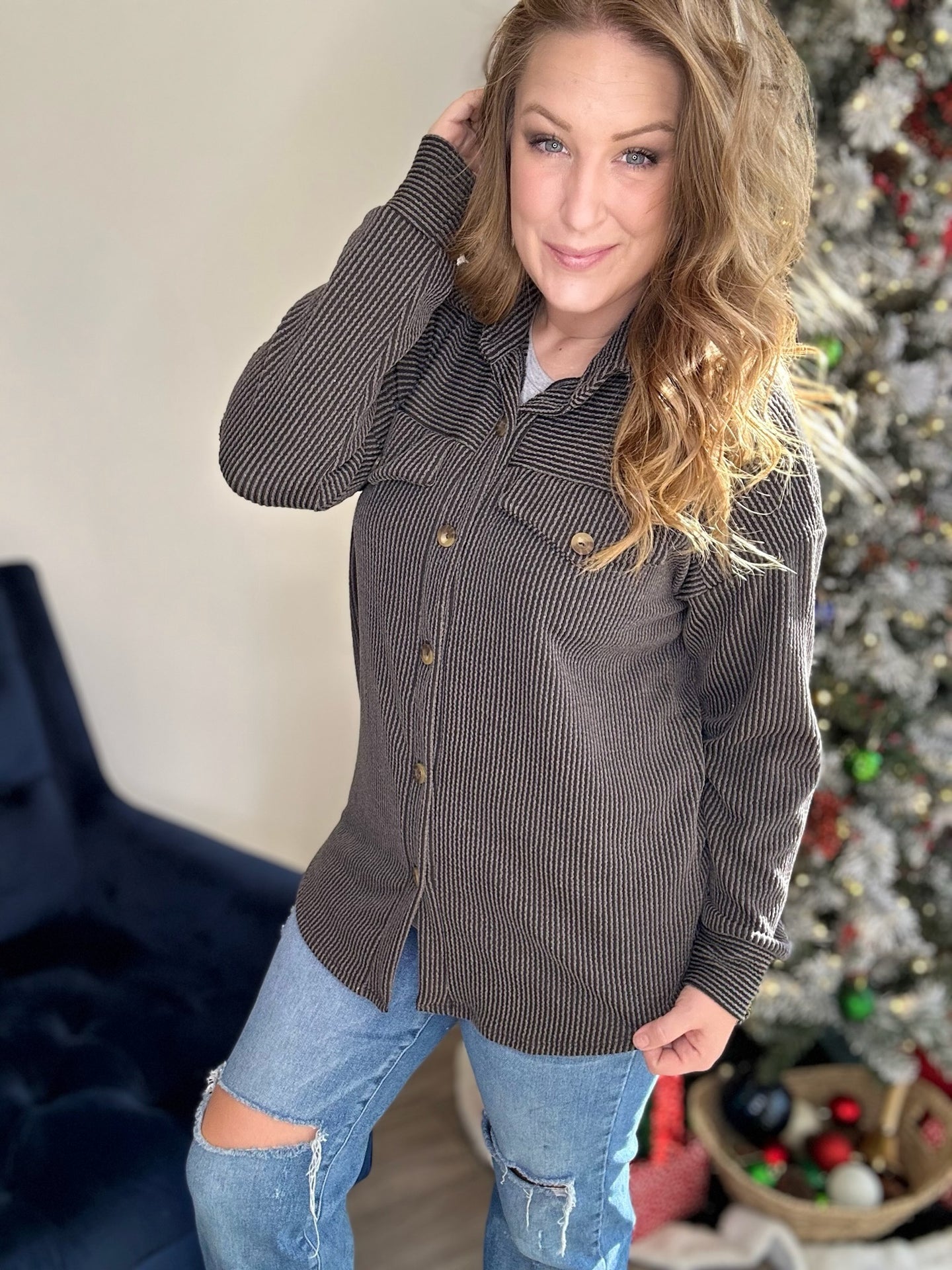 Charcoal Ribbed Button Down Shacket