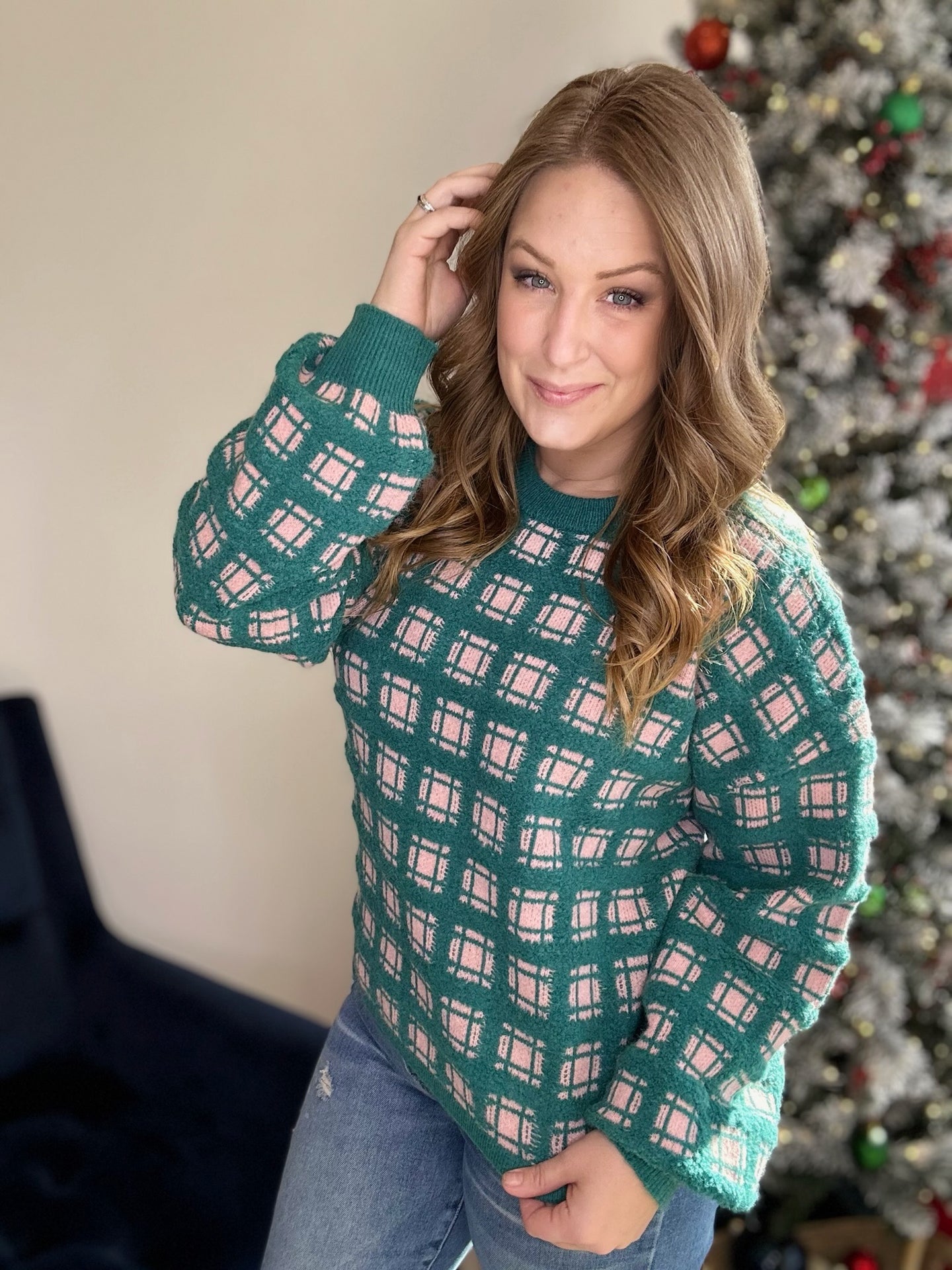 Forest Green Checker Knit Sweater