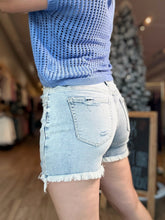 Load image into Gallery viewer, Light Wash Distressed Hem Denim Shorts