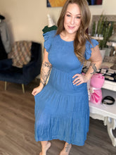 Load image into Gallery viewer, Dusty Blue Smocked Ruffle Sleeve Dress