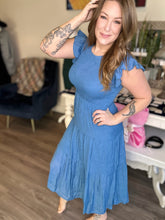 Load image into Gallery viewer, Dusty Blue Smocked Ruffle Sleeve Dress