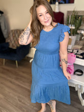 Load image into Gallery viewer, Dusty Blue Smocked Ruffle Sleeve Dress