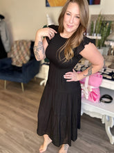 Load image into Gallery viewer, Black Smocked Ruffle Sleeve Dress