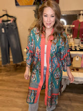 Load image into Gallery viewer, Teal Floral Print Maxi Kimono