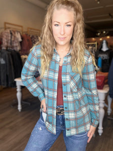 Teal Plaid Roll Up Sleeve Top